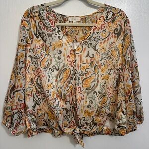 Tamara H Women’s Button Up/Tie Front Blouse, Multicolor Floral Paisley Size XL